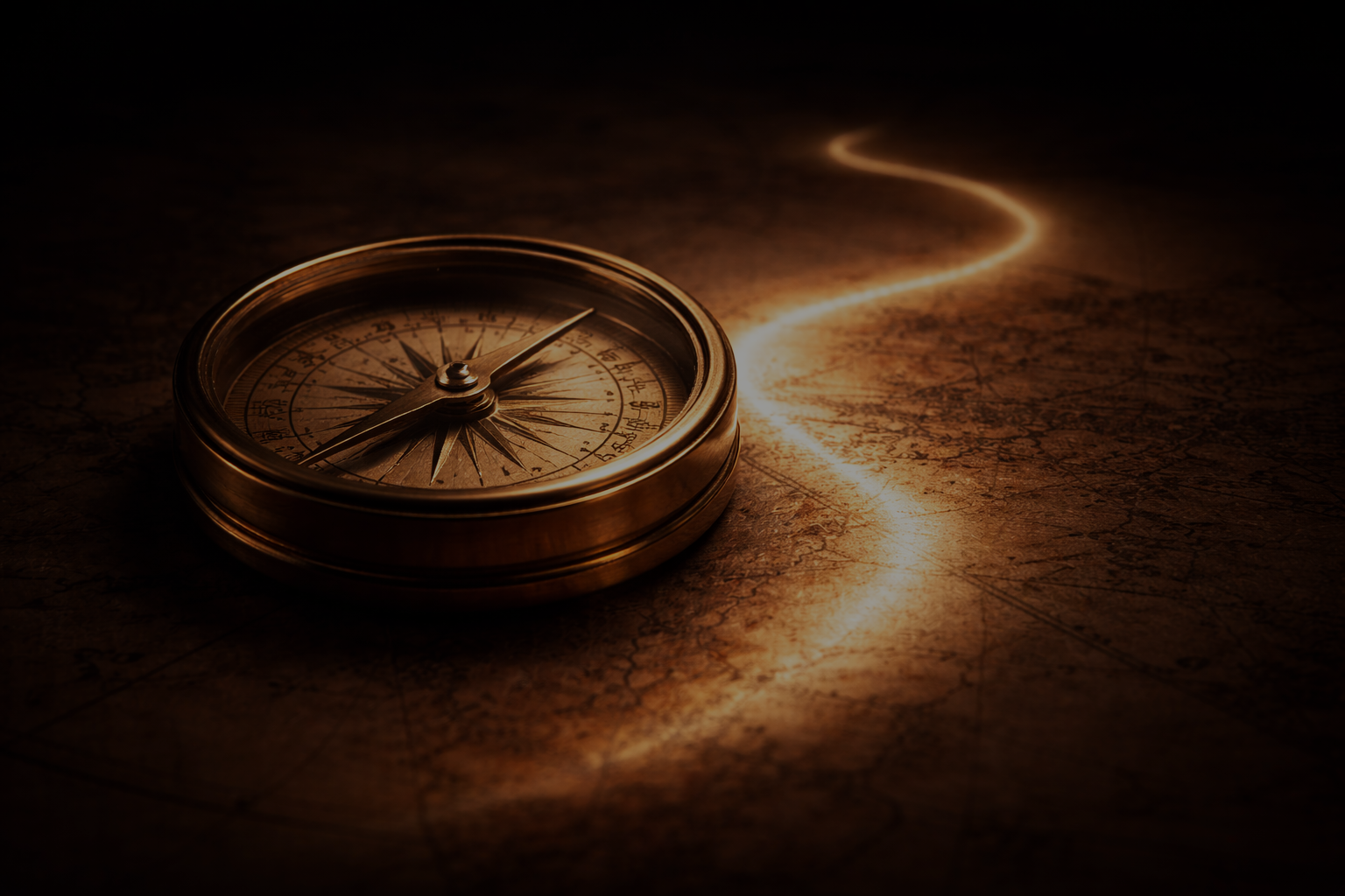 Boussole dorée sur un chemin lumineux symbolisant la mission et l’orientation stratégique de Black Code Agency