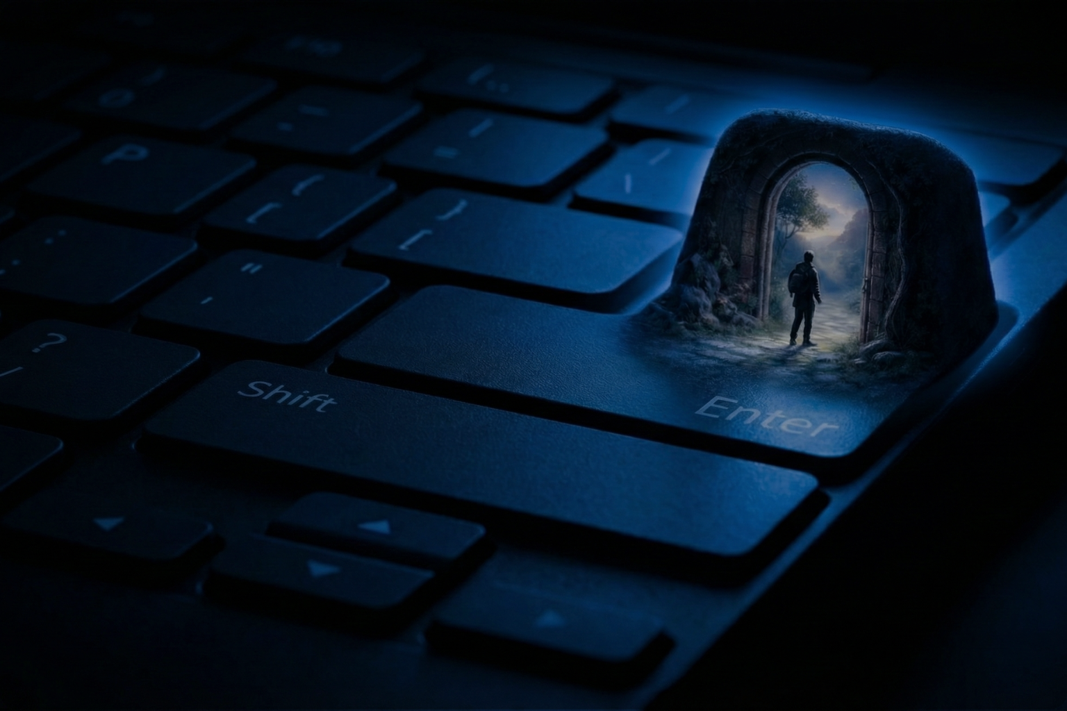 Silhouette entrant dans un portail lumineux depuis une touche Enter, symbolisant la vision futuriste de Black Code Agency