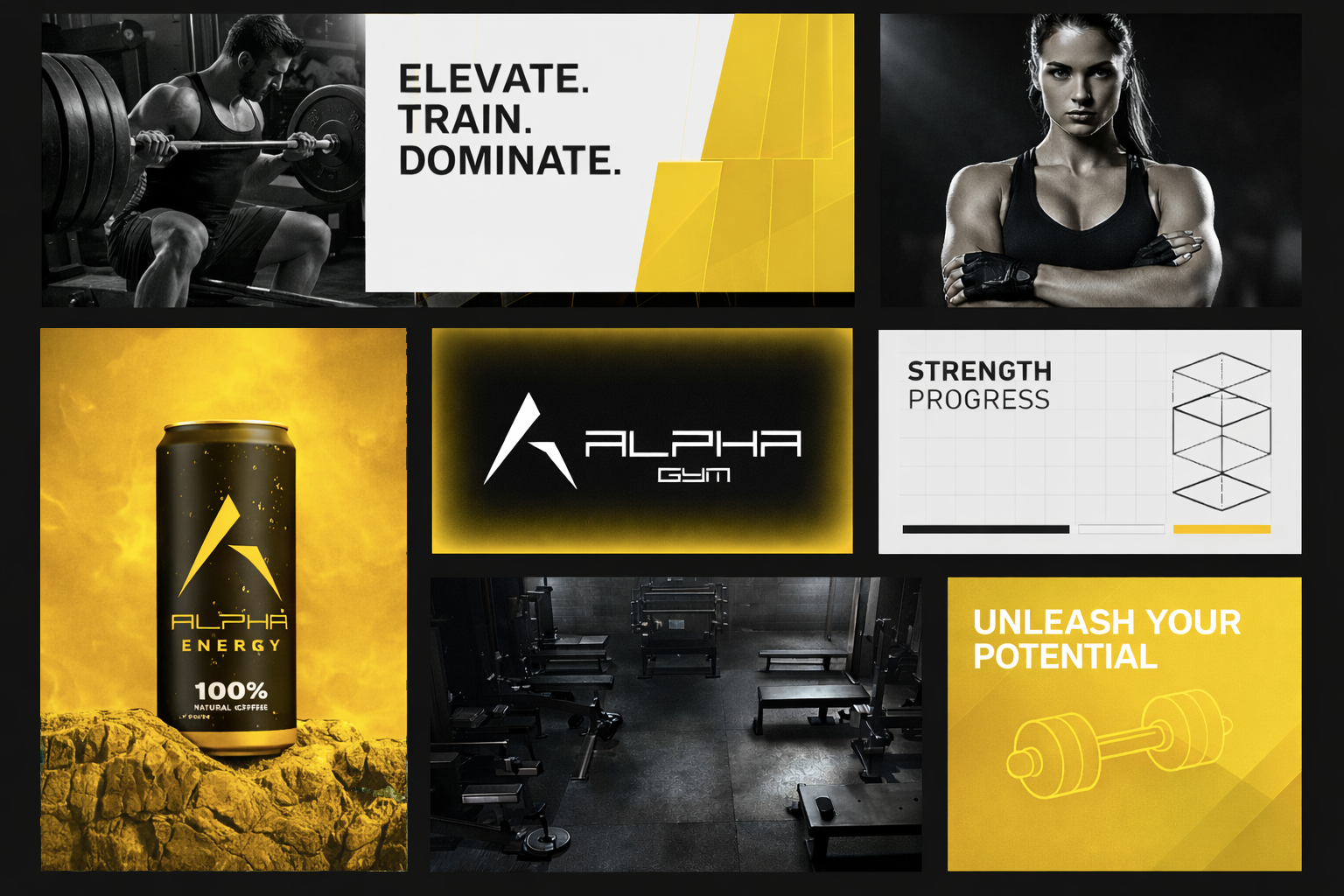 Univers de marque Alpha Gym avec logo, direction artistique et déclinaisons visuelles conçus par Black Code