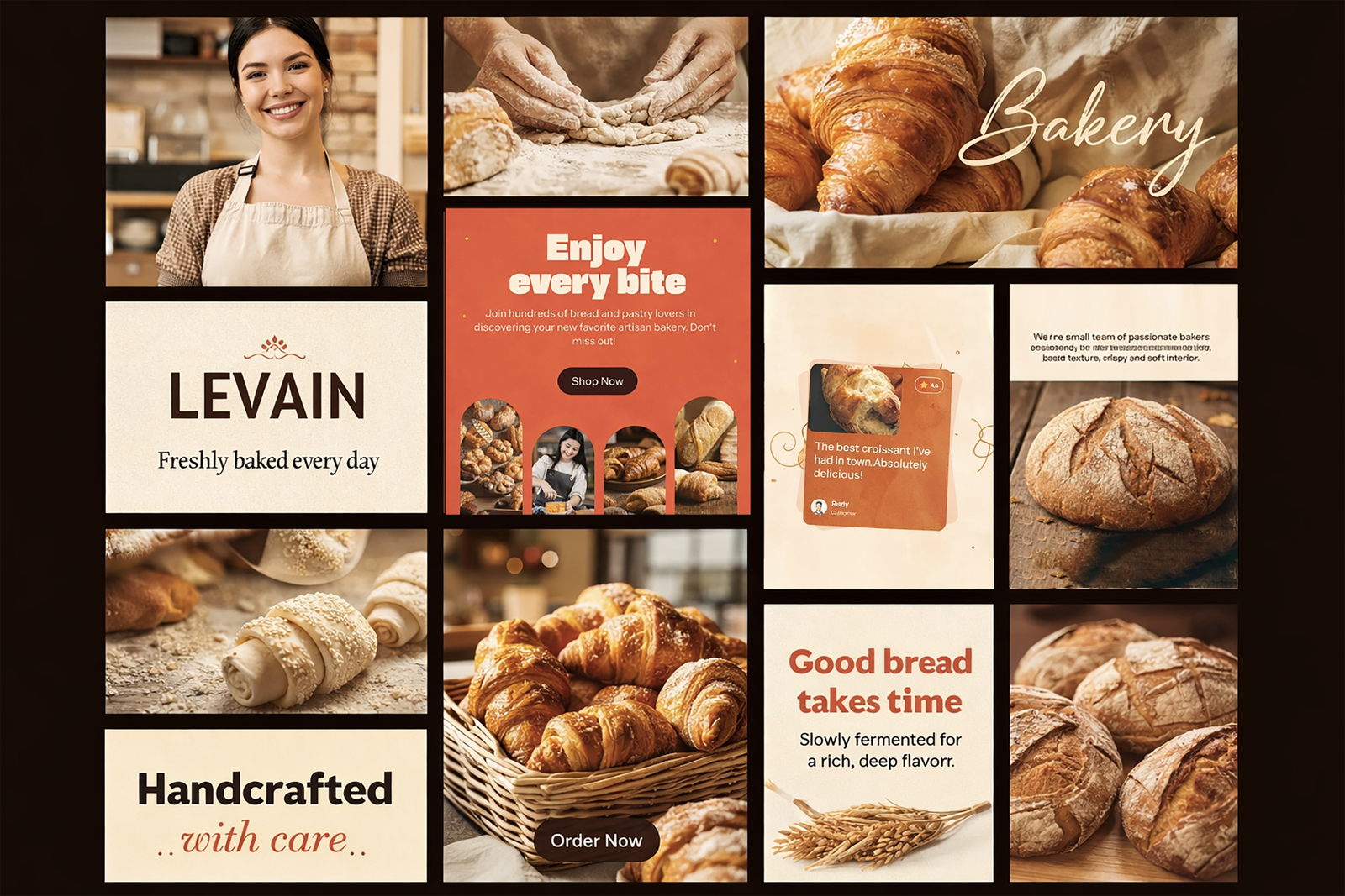 Créations de contenus Instagram pour une boulangerie, illustrant la gestion des réseaux sociaux et la direction artistique par Black Code