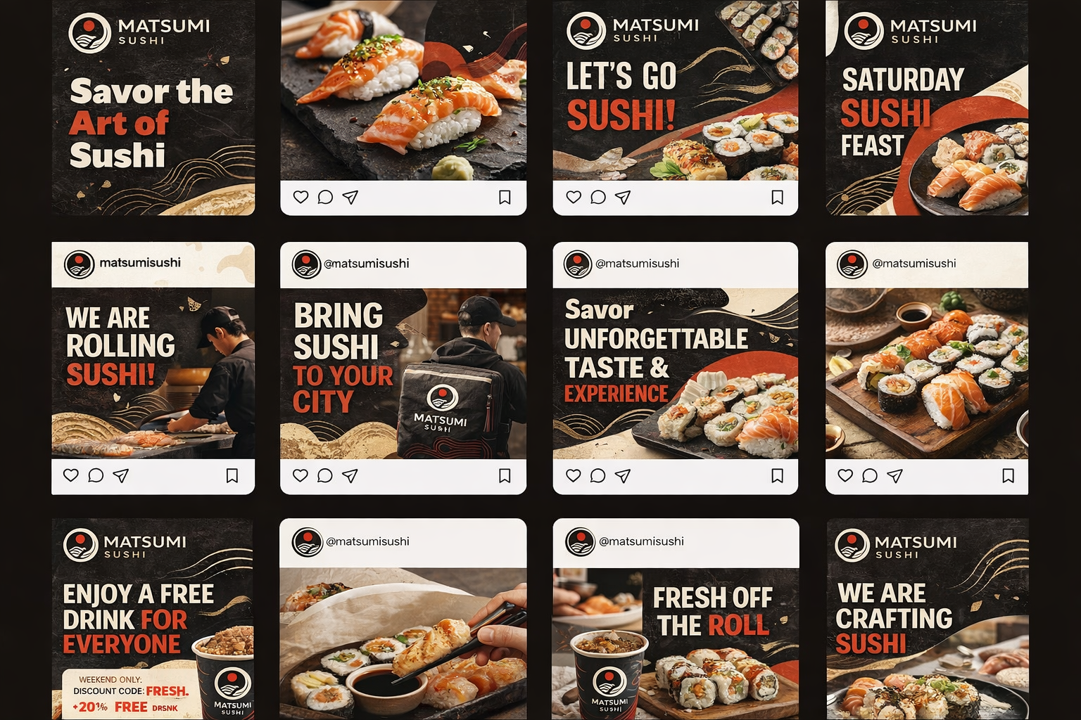 Feed Instagram de restaurant avec créations visuelles et direction artistique réalisées par Black Code pour la gestion des réseaux sociaux