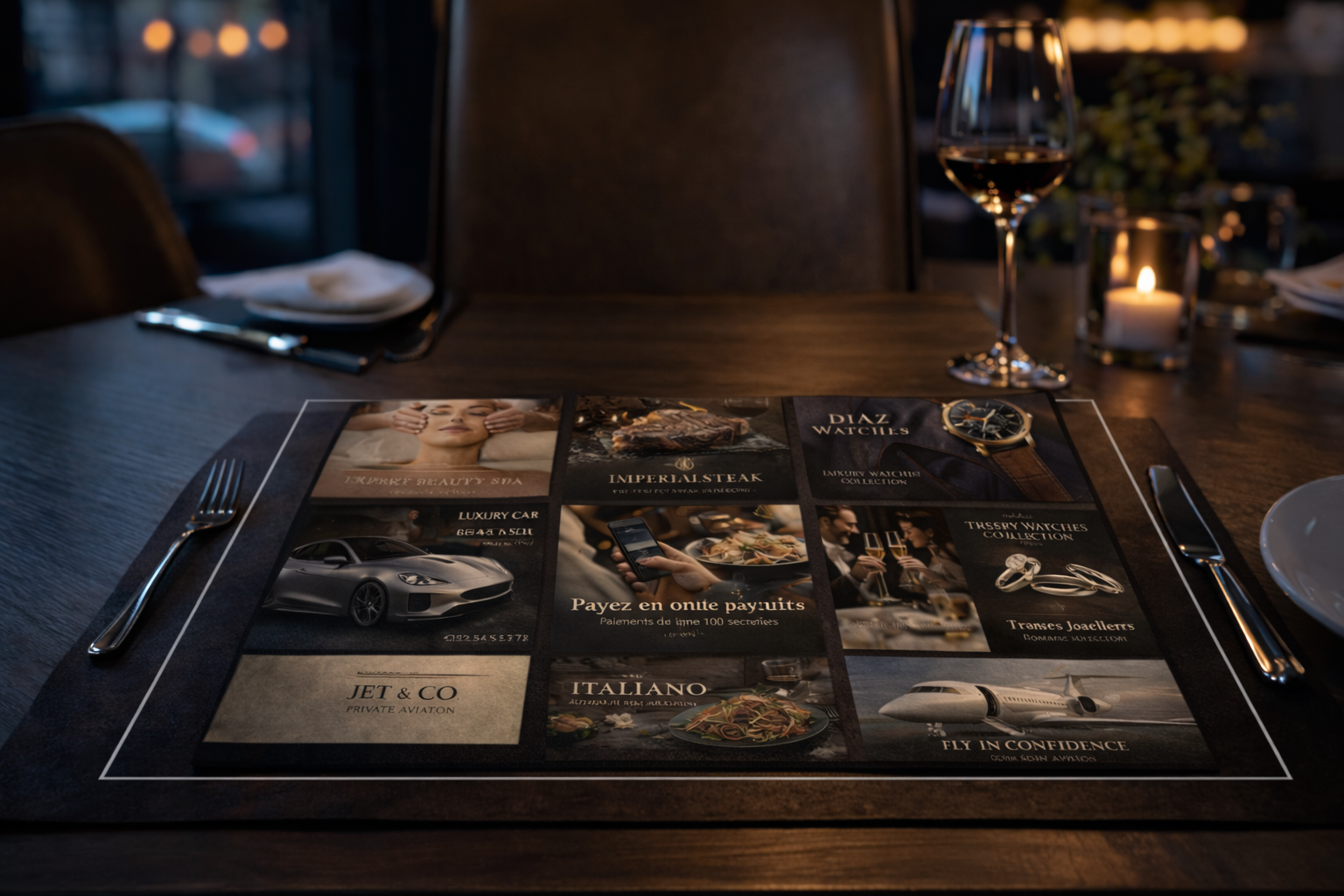 Publicité sur set de table dans un restaurant haut de gamme pour marques premium – Black Code Agency